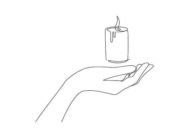 One continuous line drawing of hand holding candle Symbol of prayer and church concept in simple linear style Editable stroke Doodle outline vector illustration