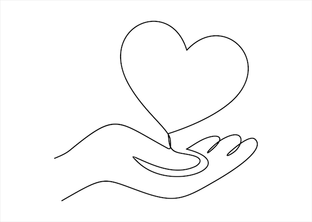 One continuous line drawing of a hand holding a heart.