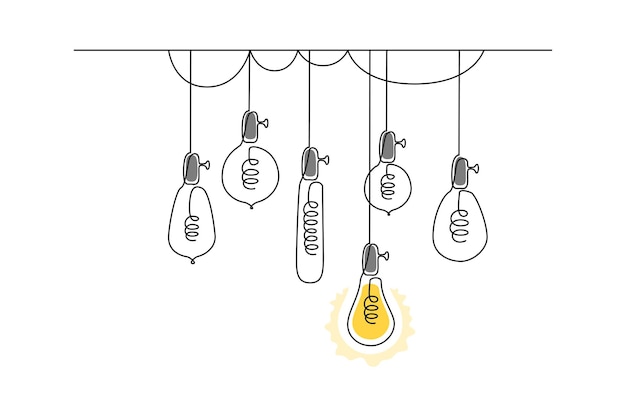 One continuous line drawing of hanging loft light bulbs with one shining concept of creative idea in...