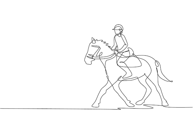 One continuous line drawing of a horse rider man in action Equine training at racing track vector