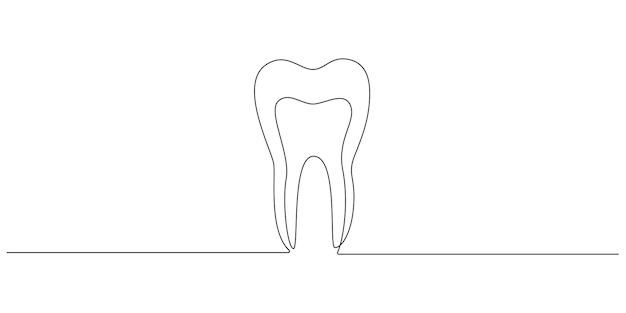 인간의 치아 구강 위생 및 건강 개념에 대한 하나의 연속 선 그리기 구강 관리 및 치과 클리닉 로고를 간단한 선형 스타일 개요 편집 가능한 스트로크 낙서 벡터 일러스트 레이 션