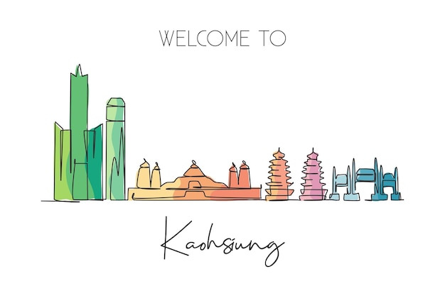 One continuous line drawing of Kaohsiung skyline Taiwan Landmark world landscape design vector