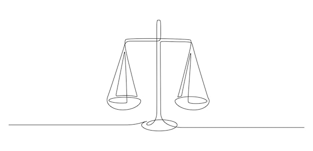 One continuous line drawing of law balance and scale of justice. symbol of equality and equilibrium concept and logo firm in simple linear style. libra thin icon. doodle vector illustration.