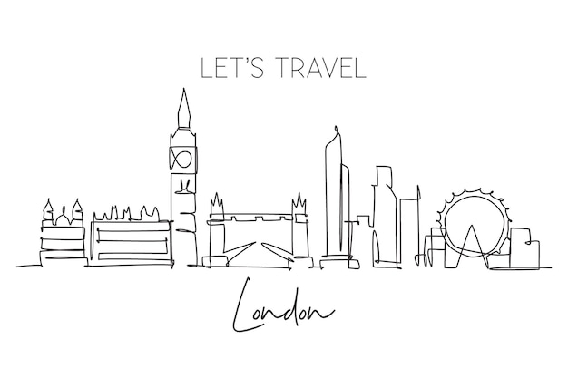 ロンドン市のスカイラインを連続した1本の線画 美しい都市の高層ビル 世界の風景芸術