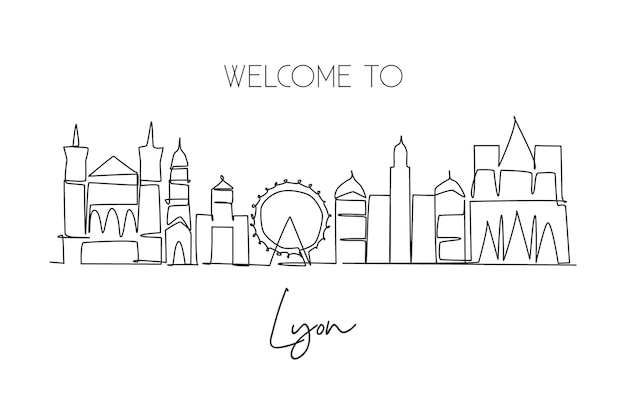 One continuous line drawing of Lyon city skyline France Beautiful skyscraper World landscape art