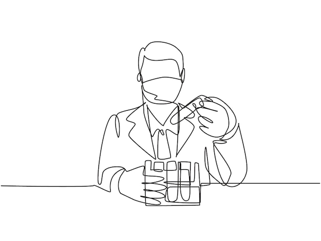 Vector one continuous line drawing of male laboratorian test blood from glass tube to find covid19 vaccine