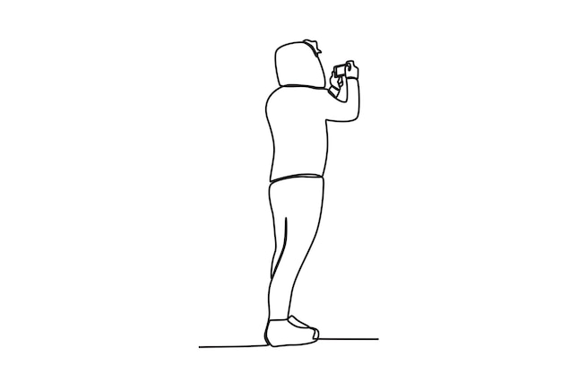 One continuous line drawing of a male photographer wearing a sweater is taking a photo from the back