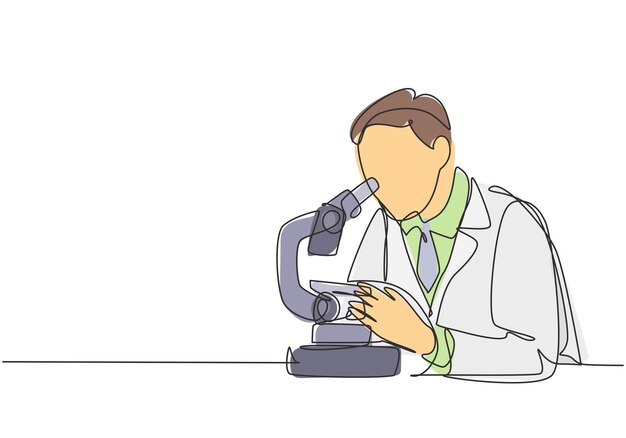 One continuous line drawing of male scientist analyze virus cause covid19 disease using laboratory