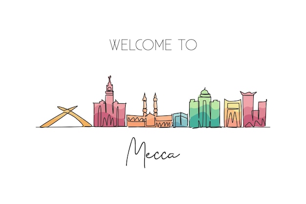 One continuous line drawing Mecca city skyline Saudi Arabia Beautiful landmark postcard print art