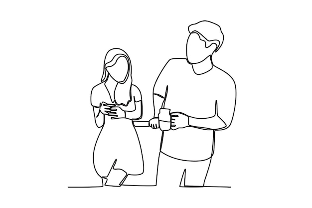 One continuous line drawing of men and women who are approaching while hanging out