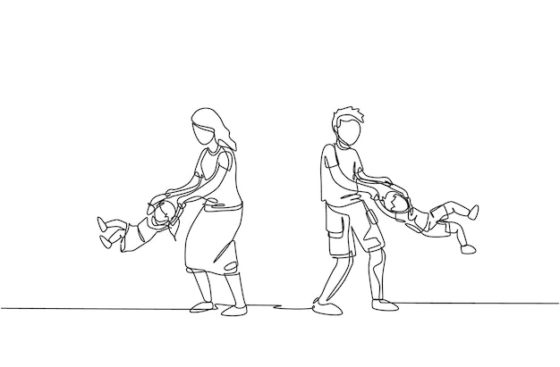 One continuous line drawing mom and dad playing with their son and daughter swinging into the air