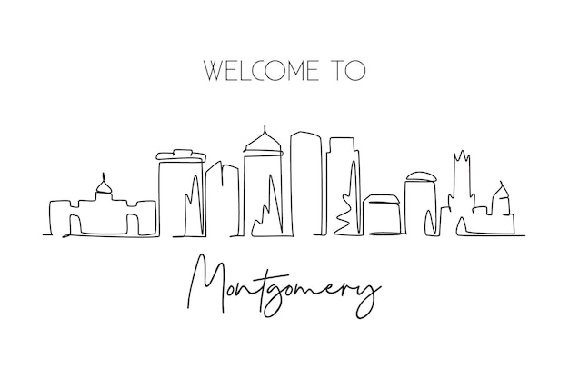 Vector one continuous line drawing of montgomery city skyline alabama beautiful landscape design vector