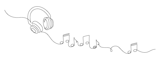 Vector one continuous line drawing of musical notes and headphones sound and music school