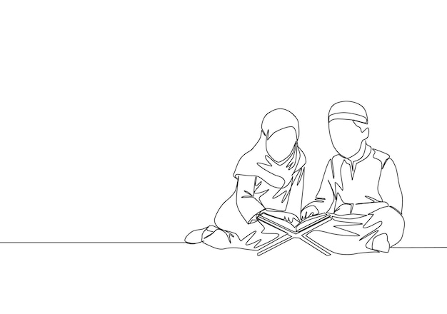 One continuous line drawing of muslim and muslimah kids reading and recite Quran Education concept