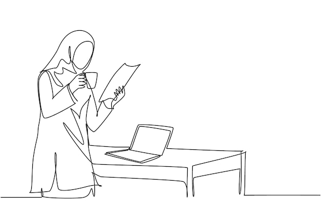 One continuous line drawing muslimah manager reading sales report while holding of coffee vector