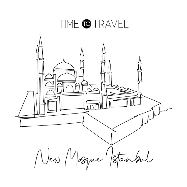 One continuous line drawing New Mosque landmark skyline masjid building at Istanbul design vector
