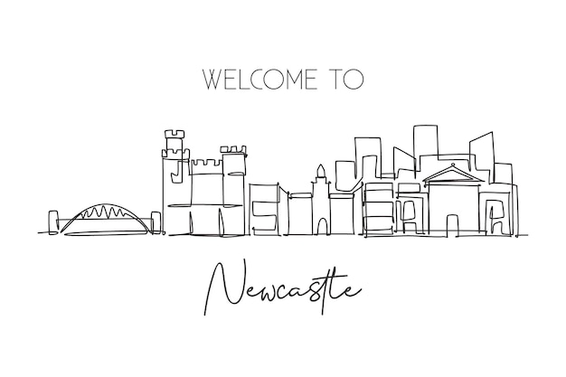 ニューカッスル市のスカイラインの1つの連続したライン描画 美しい都市高層ビル 世界の風景芸術