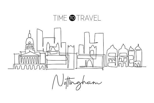 One continuous line drawing of Nottingham city skyline Beautiful city skyscraper design vector art