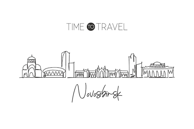 One continuous line drawing Novosibirsk city skyline Russia Beautiful landmark design vector art