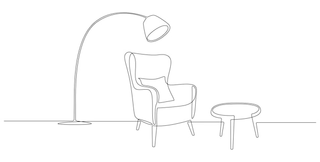 Одна непрерывная линия рисунка кресла, лампы и растения в горшке современная деревенская уютная мебель для интерьера гостиной в простом линейном стиле редактируемый тонкий штрих doodle vector illustration