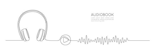 Вектор Один непрерывный рисунок линии концепции аудиокниги устройство прослушивания и чтения веб-баннер для образования и подкастов в простом линейном стиле редактируемый штрих векторная иллюстрация doodle