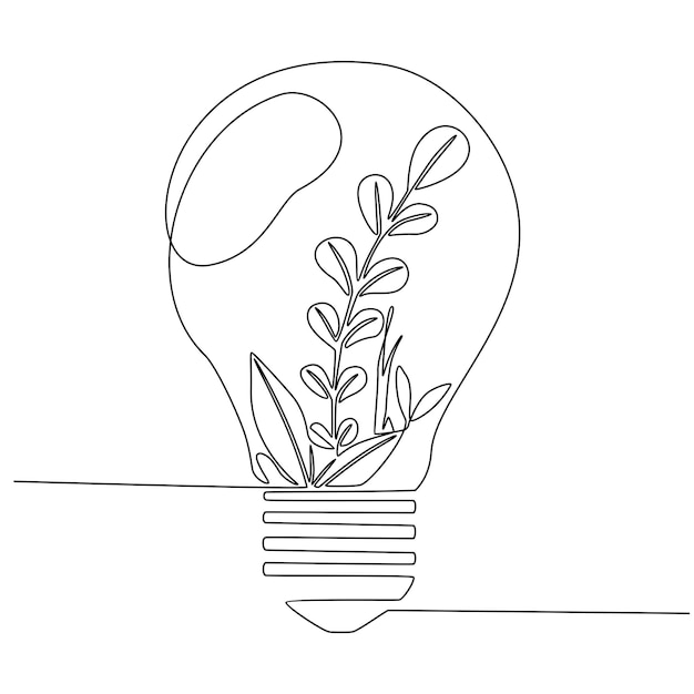 Один непрерывный рисунок чистой лампочки с зеленым листом органического растения