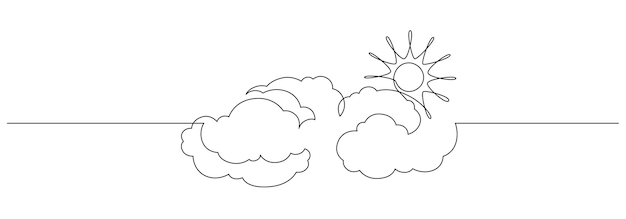 하늘에 태양이 있는 구름의 연속 선 그리기 간단한 선형 스타일 편집 가능한 스트로크 Doodle 벡터 그림의 저장 개념 및 날씨 기호