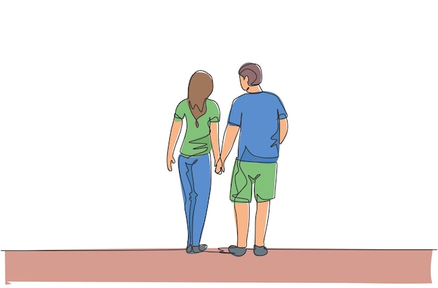 벡터 부부 아내와 남편이 함께 손을 잡고 걷고 있는 연속적인 선 그리기