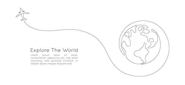 飛行機と地球儀の1つの連続線画シンプルな線形スタイルの世界地図上の飛行ルートパス旅行と飛行航空会社のwebバナー編集可能なストローク落書きベクトル図