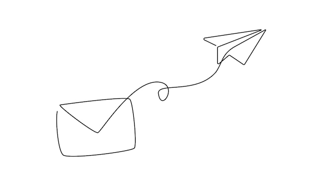 날아다니는 종이 비행기와 이메일 메시지와 뉴스레터를 보내는 메일의 연속적인 선 그리기