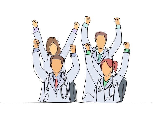 벡터 성공을 축하하는 남성 의사와 여성 의사 그룹의 연속적인 선 그리기