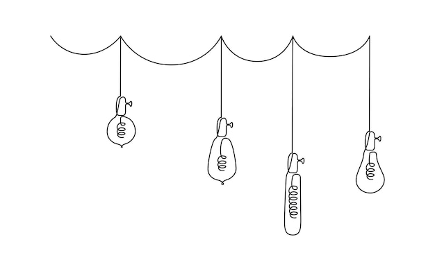 Одна непрерывная линия, нарисованная лампочками, векторная иллюстрация подвесных электрических ламп на чердаке ...