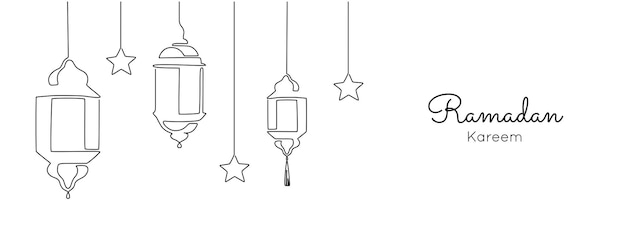 ラマダン カリーム イスラム装飾の 1 つの連続線画で、ランターと星がシンプルな直線的なスタイルのイスラム教徒の宗教的な休日のお祝いで編集可能なストローク 落書きベクトル図
