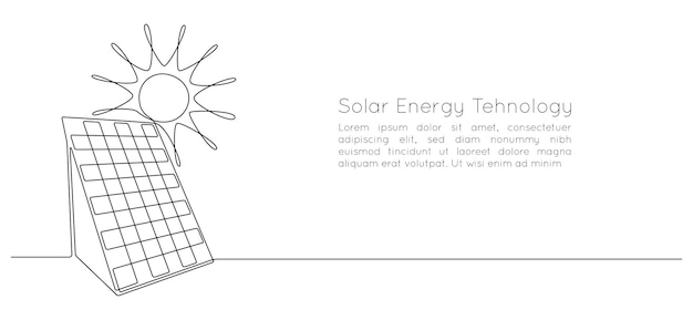 Один сплошной рисунок солнечной панели с солнцем зеленая чистая энергия в простом линейном стиле концепция возобновляемых и устойчивых ресурсов редактируемый штрих векторная иллюстрация каракулей