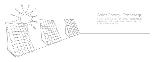 ベクトル 太陽とソーラー パネルの 1 つの連続線画シンプルな直線的なスタイルのグリーン クリーン エネルギー再生可能で持続可能な資源の web バナー編集ストローク落書きベクトル図