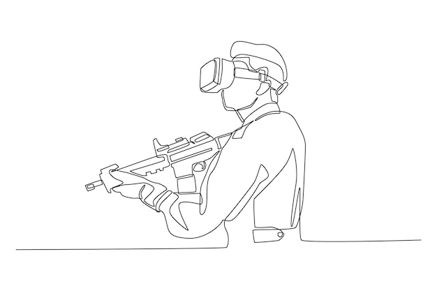 군인의 연속 선 그리기는 전투 가상 게임 개념에 Vr 안경을 사용합니다. 단일 선 그리기 디자인 벡터 그래픽 그림