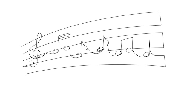 ト音記号と音符の 1 つの連続線画落書きミニマリストのロゴとアウトライン線形スタイルの音と音楽コンサートのシンボル編集可能なストローク落書きベクトル図