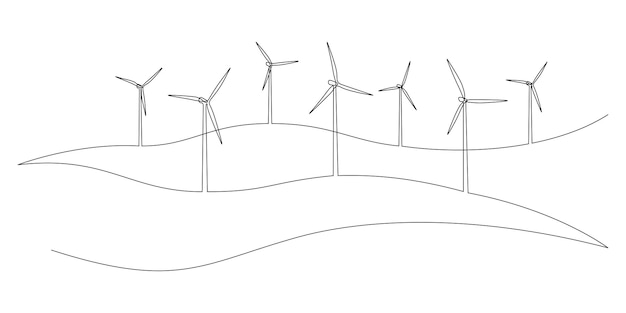 丘陵地帯の風景の中で風力発電所のタービンと風車の1つの連続線画グリーンエネルギーとシンプルな線形スタイルの再生可能エネルギー源の概念落書きベクトル図