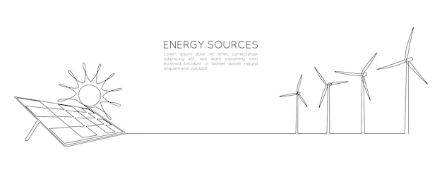 ベクトル シンプルな線形スタイルの風力タービンとソーラーパネルの1つの連続線画グリーンエネルギーと再生可能資源発電所のコンセプト編集可能なストローク落書きベクトル図