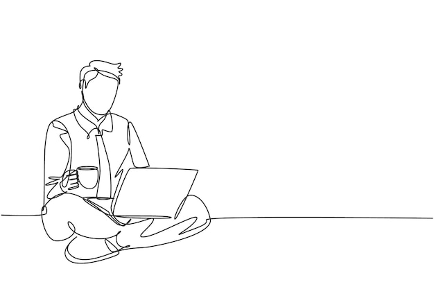 One continuous line drawing office worker sitting on the floor while holding a cup of coffee vector