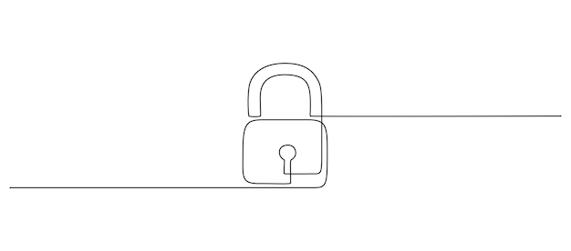 南京錠の1つの連続線画 アウトラインシンボルパスワードロックとセキュリティ プライバシー 安全コンセプト シンプルな直線的なスタイル 編集可能なストロークの秘密のアイコン 等高線ベクトル図