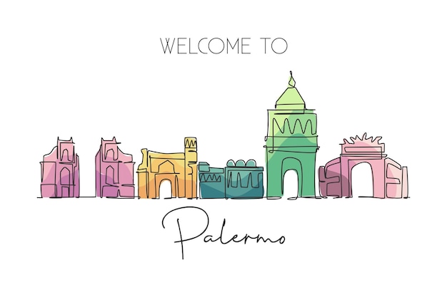 One continuous line drawing Palermo city skyline Italy Beautiful skyscraper World landscape decor