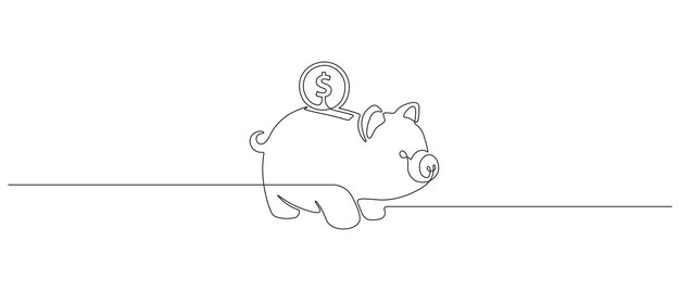 One continuous line drawing of piggy bank with dollar coin safe money symbol and business finance concept in simple linear style editable stroke doodle vector illustration