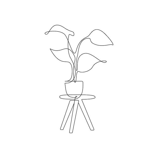 가정용 테이블 선형 윤곽 관엽식물에 화분에 심은 꽃의 연속 선 그리기