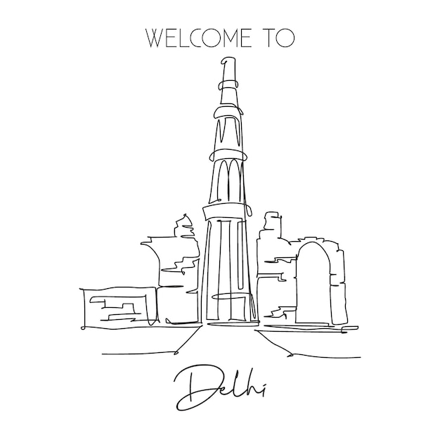 One continuous line drawing Qutub Minar mosque landmark Holy Islamic place in Delhi India home art