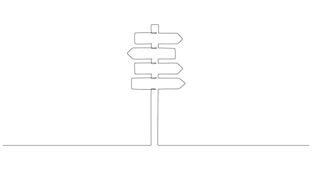 One Continuous line drawing of Road direction signpost arrows to the right and left isolated on white. Pointer symbol, editable stroke. Vector illustration for web banner, design template, postcard