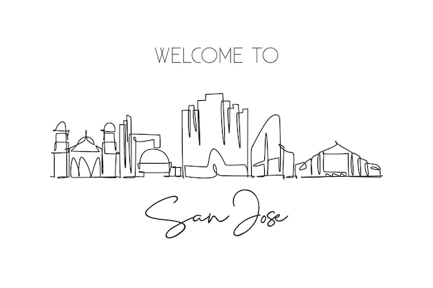 One continuous line drawing San Jose city skyline California Beautiful landmark design vector