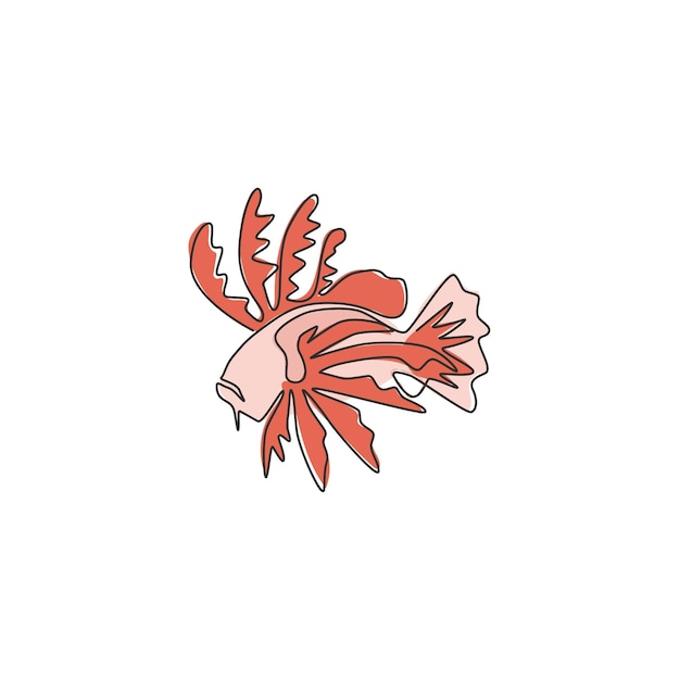 One continuous line drawing of scary lionfish Sea monster fish creature mascot for aquatic icon