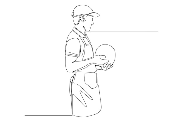 Un disegno a linea continua del ragazzo assistente venditore con cappuccio che tiene frutta anguria concetto di centro commerciale illustrazione grafica vettoriale con disegno a linea singola