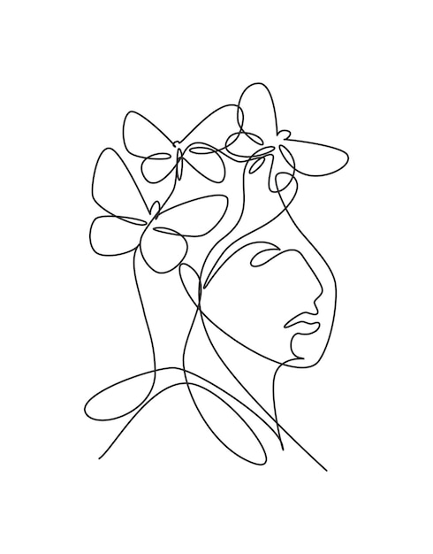 Одна непрерывная линия рисует абстрактное лицо сексуальной женщины с крыльями бабочки. Портрет минималистского вектора.